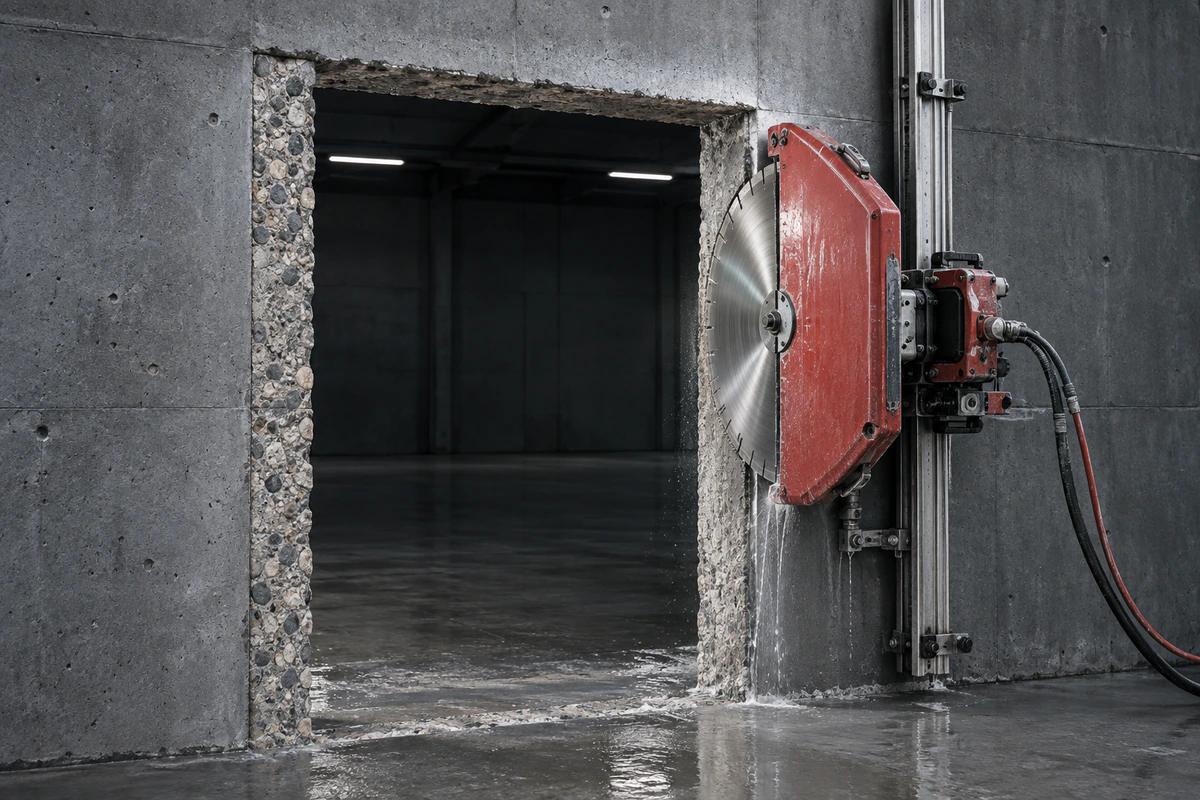 Beton duvarda kapı açıklığı oluşturan raylı duvar kesme makinesi