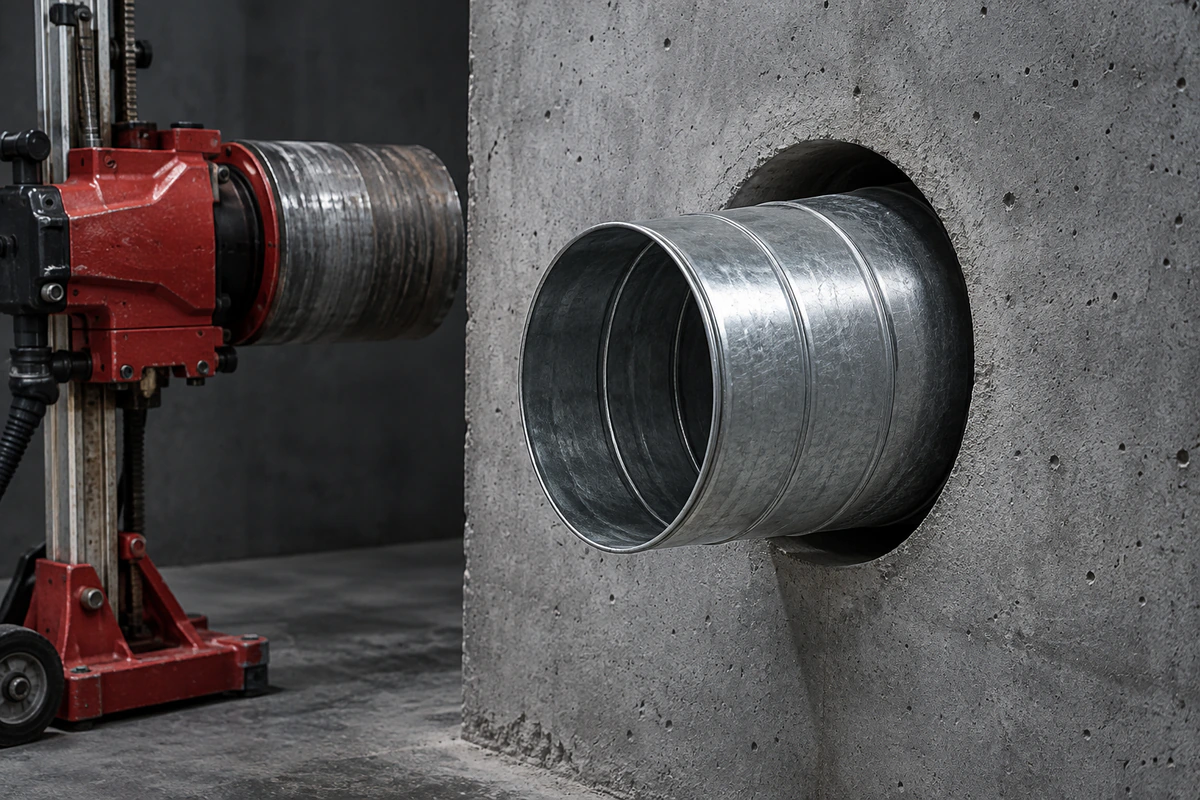 Beton duvardaki temiz karot deliğinden geçirilen metal havalandırma kanalı